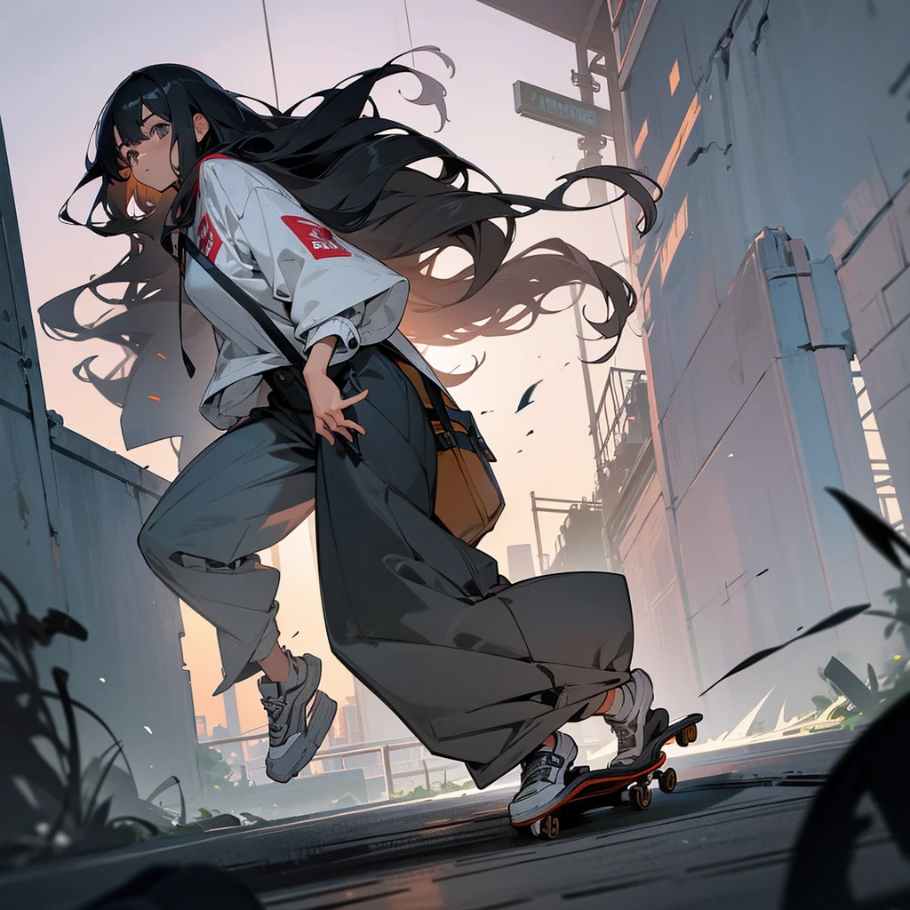 1female, young adult, tan skin, finely detailed grey eyes, wavy long hair, black hair, baggy pants, casual clothing, jacket, standing on ruined building, night time, serious expression, skateboard