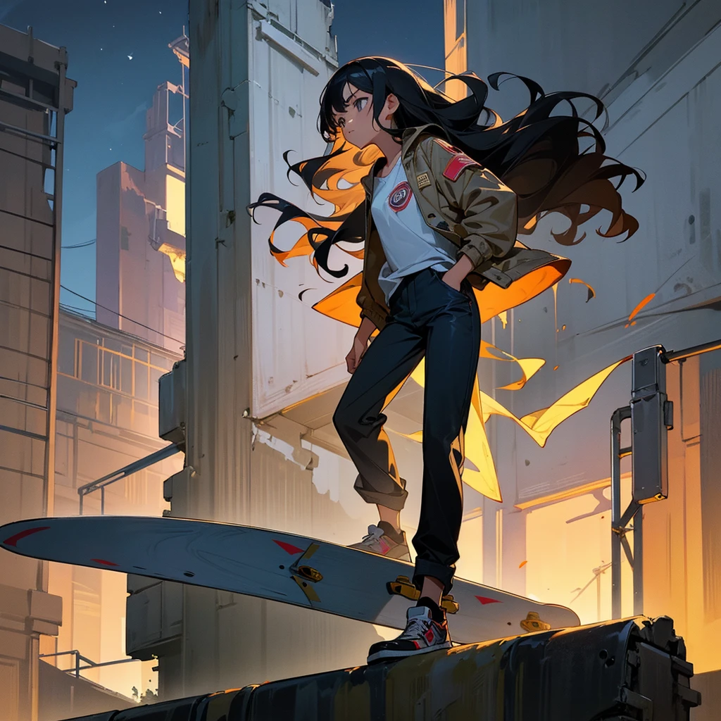 1female, young adult, tan skin, finely detailed grey eyes, wavy long hair, black hair, baggy pants, casual clothing, jacket, standing on ruined building, night time, serious expression, skateboard