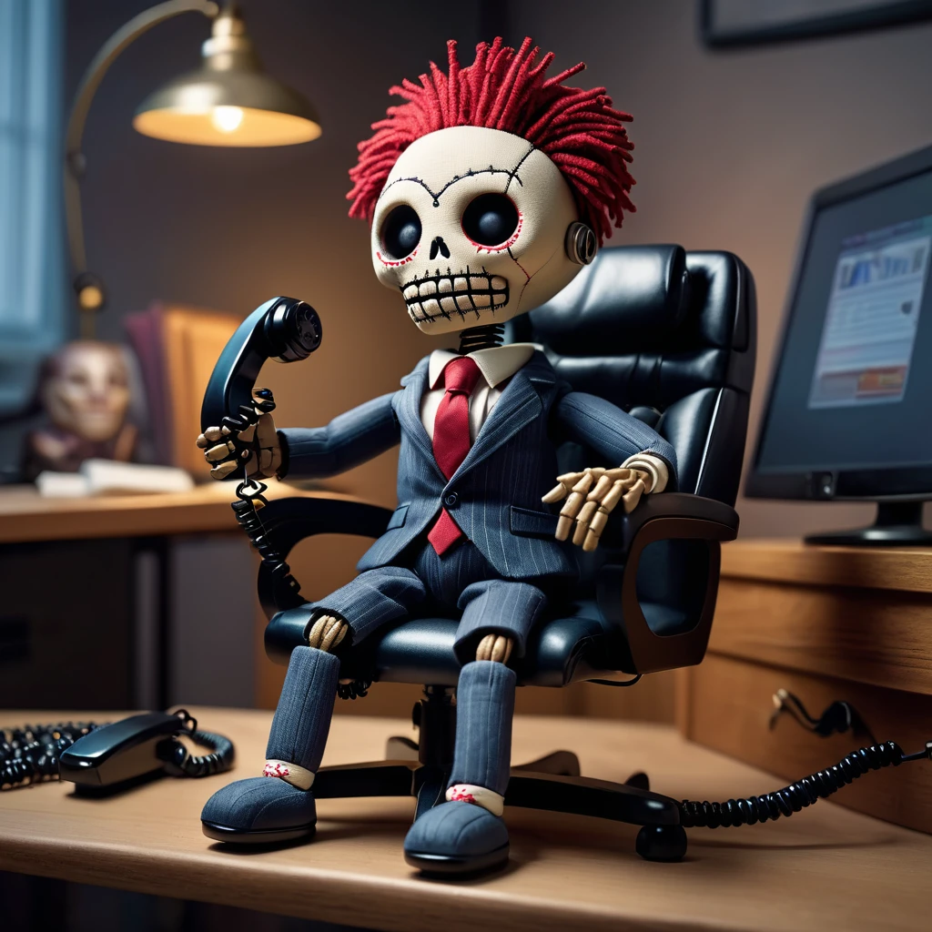 (knitted toy voodoo doll:1.0), sitting in a computer chair, (Voodoo speaks on an old phone:1.9), in business clothes, in the background a gloomy office, best quality, masterpiece, detailed soft oil painting, detailed background, dramatic cinematic lighting, soft edge lighting, professional, dramatic lighting, hard edge lighting, ultra quality, 4k, masterpiece, best quality, 8k, ultra high definition, high resolution, extremely detailed