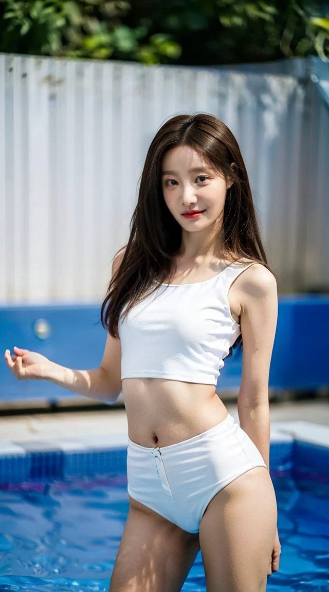 ((Best image quality)、Korean 20 years old, Private luxury mansion,nfsw, high resolution, Natural and smooth implementation, head and body balance、perfect body beauty:1.4、slim、thin legs、((dark brown hair、very :1.2)), naked, wearing only a swimsuit, very 상세한 얼굴 및 피부 질감、eye for detail、shy smile、with legs spread、variety of swimsuits , lighting areola、Aiming to become a gravure idol、top quality、reality、 exposed groin、cute appearance、angle from below、small ass、K-pop makeup、embarrassed expression、thin waist, White and clear skin, cute belly fat, chubby, Narrow pelvis,  Slander type, private swimming pool, Popular hairstyles for long hair, skinny body type, young body type, Small pelvis, small shoulder, 