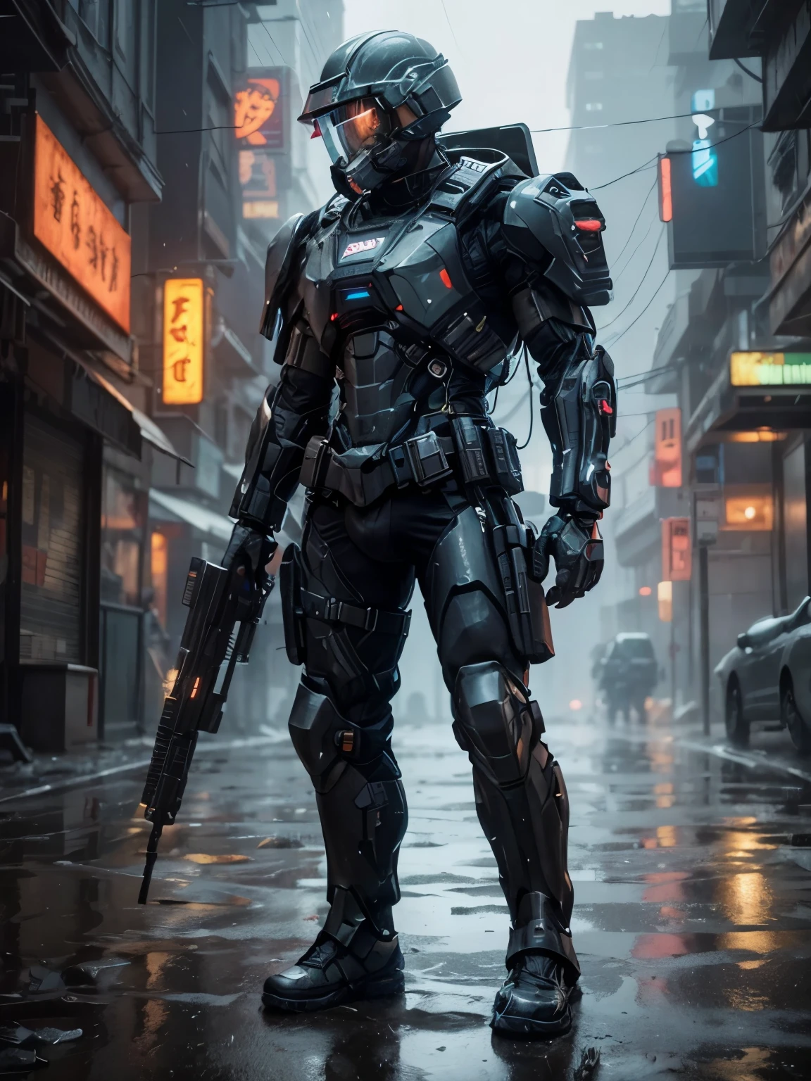 Time: Night a desolate cityscape lit by flickering neon signs and the harsh glare of searchlights cutting through the downpour.A Cyberpunk soldier: Wears a heavily armored combat suit with glowing technological elements integrated throughout. Weathered and battle-scarred, their face partially obscured by a helmet visor (or other cyberpunk facewear) reflecting the city lights and rain. A high-tech weapon (be specific, e.g., a glowing plasma rifle, a cybernetically enhanced arm cannon). The soldier grips the weapon tightly, knuckles white, exuding a sense of tension and alertness.The soldier stands in a powerful and defensive stance, legs braced against the wind and rain. Their gaze is fixed on something out of frame, conveying a sense of danger and determination.The overall mood should be gritty, dark, and atmospheric. The rain and harsh lighting should create a sense of urgency and desolation.steam rising from grates or puddles to enhance the rainy atmosphere