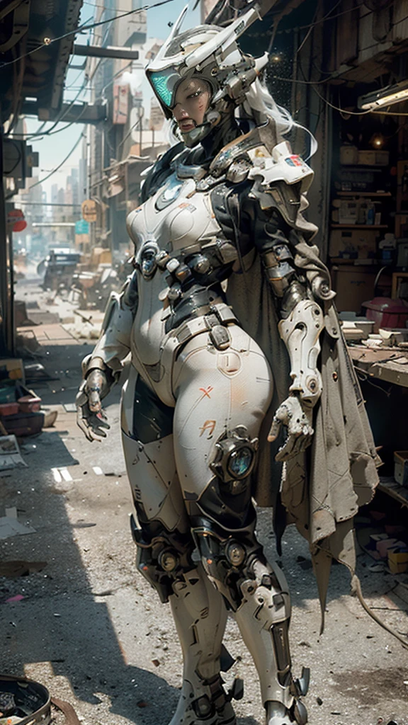 ((best quality)), ((masterpiece)), ((realistic)), (detailed), (photorealistic:1.5), a futuristic girl, (thick body), (white bodysuit), lights on armor, cybernetic headwear, looking at viewer, dynamic pose, post apocalyptic, destroyed city background, buildings on fire, science fiction, hdr, ray tracing, nvidia rtx, super-resolution, unreal 5, subsurface scattering, pbr texturing, post-processing, anisotropic filtering, depth of field, maximum clarity and sharpness, rule of thirds, 8k raw, (luminescent particles:1.4), (extremely detailed cg, unity 8k wallpaper, 3d, cinematic lighting, lens flare), reflections, sharp focus, cyberpunk art, cyberpunk architecture,