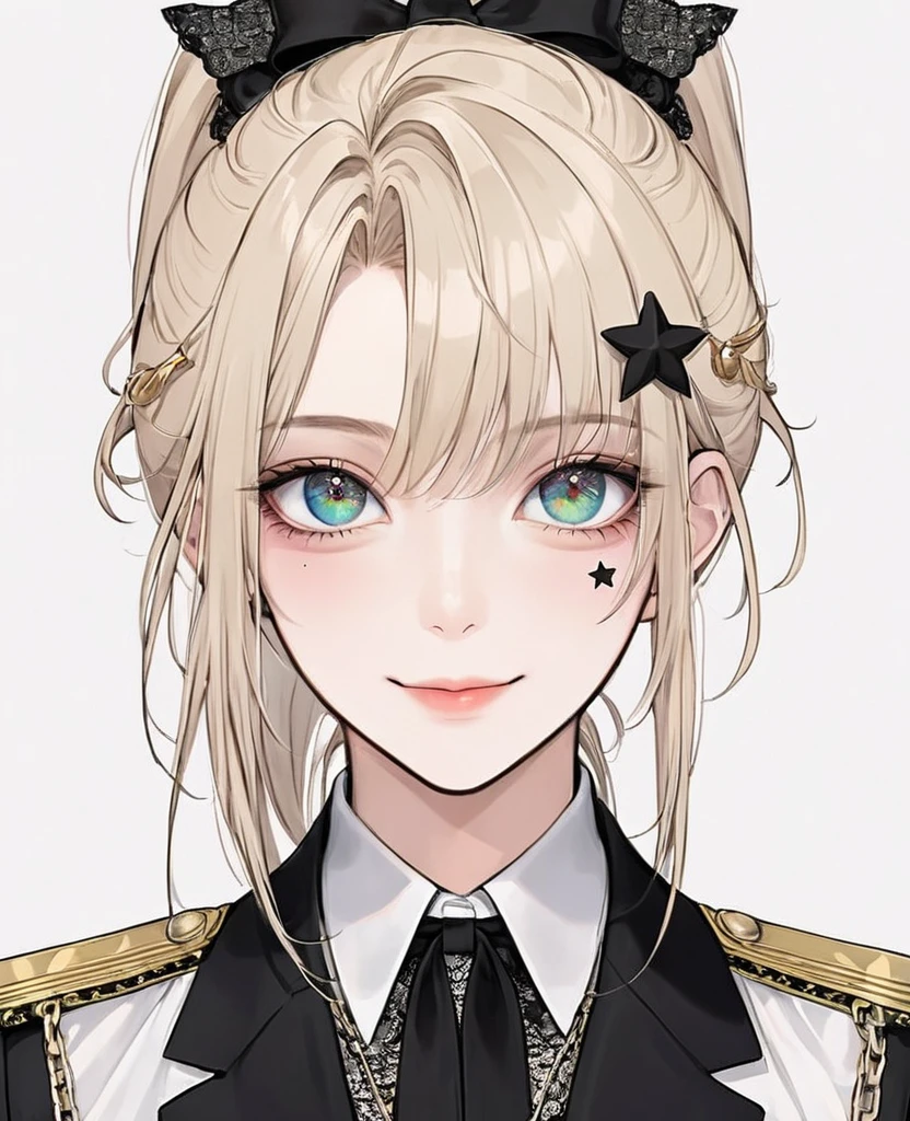 (Digital Illustration，Detailed anime style girl portrait，Solitary，symmetry)，(Big colorful eyes，Fashionable and exquisite facial features，Exquisite makeup，Sweet smile，Star symbol mark on cheek，Soulful gaze，)，(High Ponytail，Beautiful bow hair accessories，Hairpin)，(White high collar lace shirt，Black suit，Epaulettes-Chain，cool，)，Clean and simple white background，(((Correct human anatomy)))