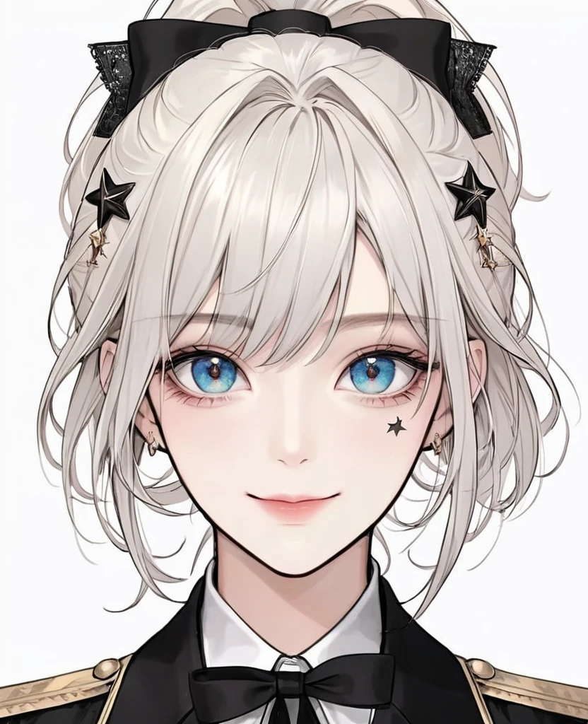 (Digital Illustration,Detailed anime style girl portrait,Solitary,symmetry),(Big colorful eyes,Fashionable and exquisite facial features,Exquisite makeup,Sweet smile,Star symbol mark on cheek,Soulful gaze,),(High Ponytail,Beautiful bow hair accessories,Hairpin),(White high collar lace shirt,Black suit,Epaulettes-Chain,cool,),Clean and simple white background,(((Correct human anatomy)))
