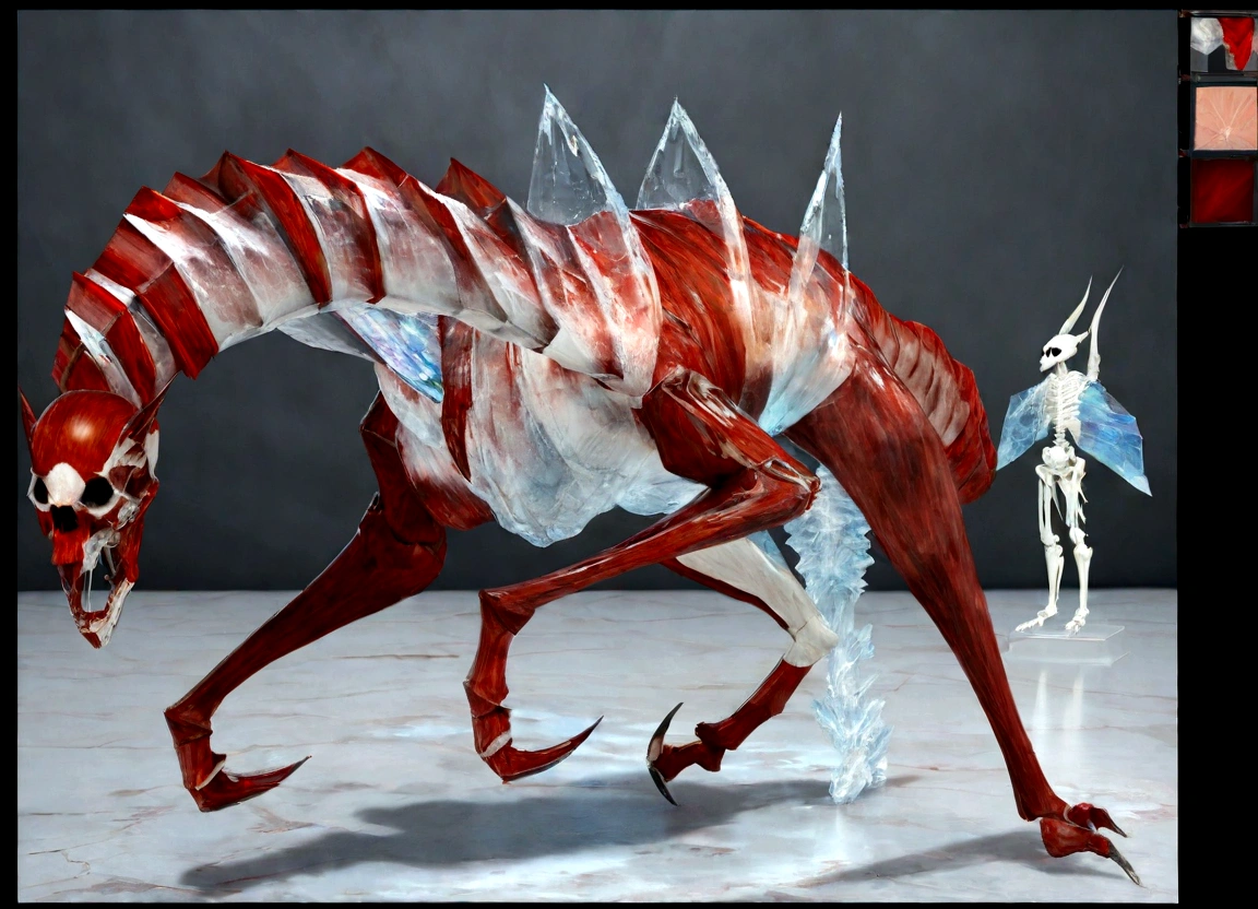 skull, skeleton monster beast, walking on four legs, red aura around, skeleton appearance of a fox, destroyed scenery, battles, skin, realistic, FULL BODY, photon mapping more details 16k, HDR, CG, 3D, keep the maximum image detail, photography, high resolution, anti-aliasing, cinematic, particles, hyper realism, holographic, mecha, extremely detailed, crystallization, crystals, holographic, fragments, style, concept, RAW, bastet, more details XL,DonMSp3ctr4lXL,Crystal style,watce,more detail XL,tranzp
