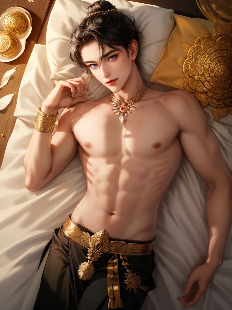 When the sun shines, Apsara is a young boy with a face full of charm. Standing elegantly in a traditional Thai shirt Fine gold cloth, intricately woven, surrounds the body. Light fragrance of traditional Thai flowers from a bouquet of flowers decorated in a shiny black hair bun It further accentuated his beauty. A thin cloth wielding a pure white color bound his right arm intricately. It is like a simple piece of jewelry but has a precious meaning. It represents a young Thai man who is ready to protect and care for the woman he loves. His smile was wide. His pitch black eyes radiated brightness. Like the stars in the night sky, when walking, Apsara moves gracefully. The brightly colored loincloth draped across his hips swayed to the rhythm. This makes him look as elegant as a noble prince, Apsara, a young man who is the epitome of a Thai man full of charm. Beautiful both body and mind The traditional Thai clothing he wears reflects the precious culture of Thailand. What a beautiful and impressive sight.