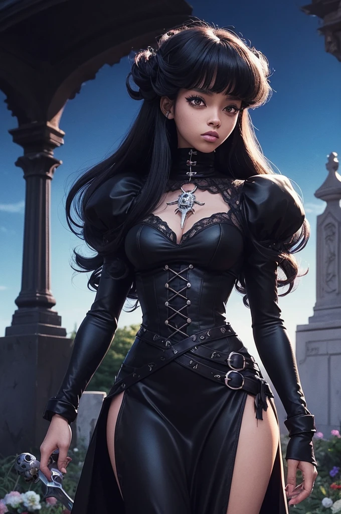 close up of a Black gothic anime girl in a cemetery by de night with a dress made of skulls, 90s anime, 80s anime, retro anime, high quality animation, professional studio, official work, berserk style, anime screencap, castlevania symphony of the night style, studio ghibli style