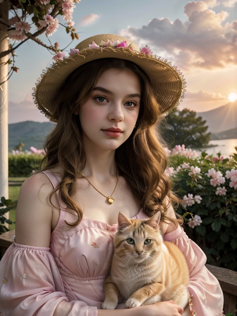 Masterpiece, Best quality, high resolution, realistic , hyperrealism , lifelike photography ,1950s, portrait position, alluring beautiful full body shot, (curly blondish brunette long hair, blue cat-shaped eyes), white skin with freckles, beautiful pink flower hat, beautiful period dress with flower embroidery and details , beautiful golden  necklaces & bracelets, elegant bearing, beautiful landscape background of a rose & lilac & orchid garden, high budget , beautiful mesmerizing face and small nose, long and curly sparkling hair , holding a beautiful orange stray cat , clivage , sunset , pink clouds , yellowish red rays at the horizon, elegant posing,