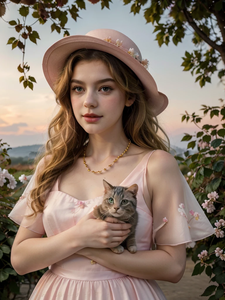 Masterpiece, Best quality, high resolution, realistic , hyperrealism , lifelike photography ,1950s, portrait position, alluring beautiful full body shot, (curly blondish brunette long hair, blue cat-shaped eyes), white skin with freckles, beautiful pink flower hat, beautiful period dress with flower embroidery and details , beautiful golden  necklaces & bracelets, elegant bearing, beautiful landscape background of a rose & lilac & orchid garden, high budget , beautiful mesmerizing face and small nose, long and curly sparkling hair , holding a beautiful orange stray cat , clivage , sunset , pink clouds , yellowish red rays at the horizon, elegant posing,