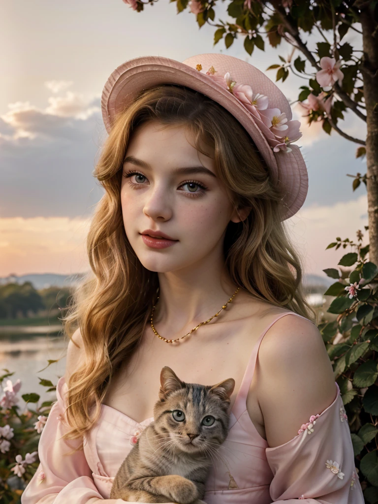 Masterpiece, Best quality, high resolution, realistic , hyperrealism , lifelike photography ,1950s, portrait position, alluring beautiful full body shot, (curly blondish brunette long hair, blue cat-shaped eyes), white skin with freckles, beautiful pink flower hat, beautiful period dress with flower embroidery and details , beautiful golden necklaces & bracelets, elegant bearing, beautiful landscape background of a rose & lilac & orchid garden, high budget , beautiful mesmerizing face and small nose, long and curly sparkling hair , holding a beautiful orange stray cat , clivage , sunset , pink clouds , yellowish red rays at the horizon, elegant posing,