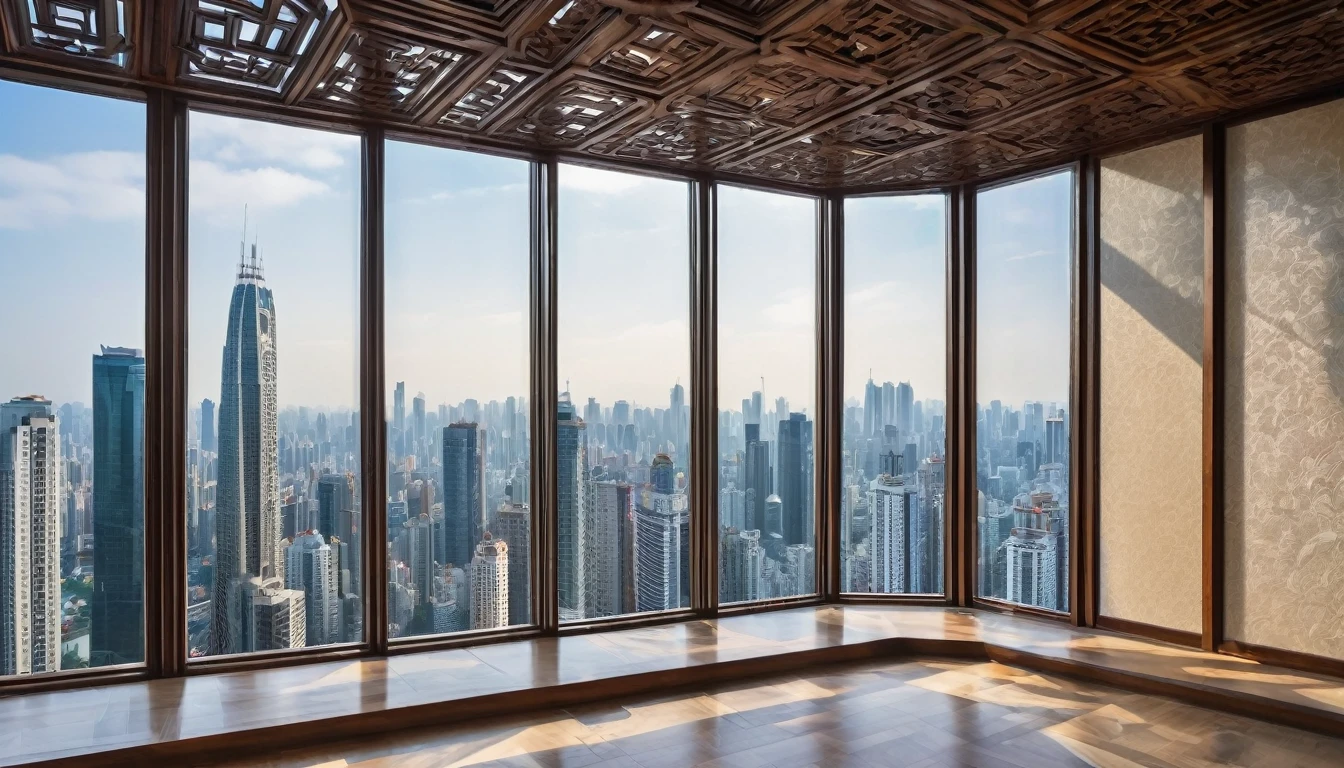 Spectacular views from the windows of a high-rise building in the city、　Beautifully carved window frames