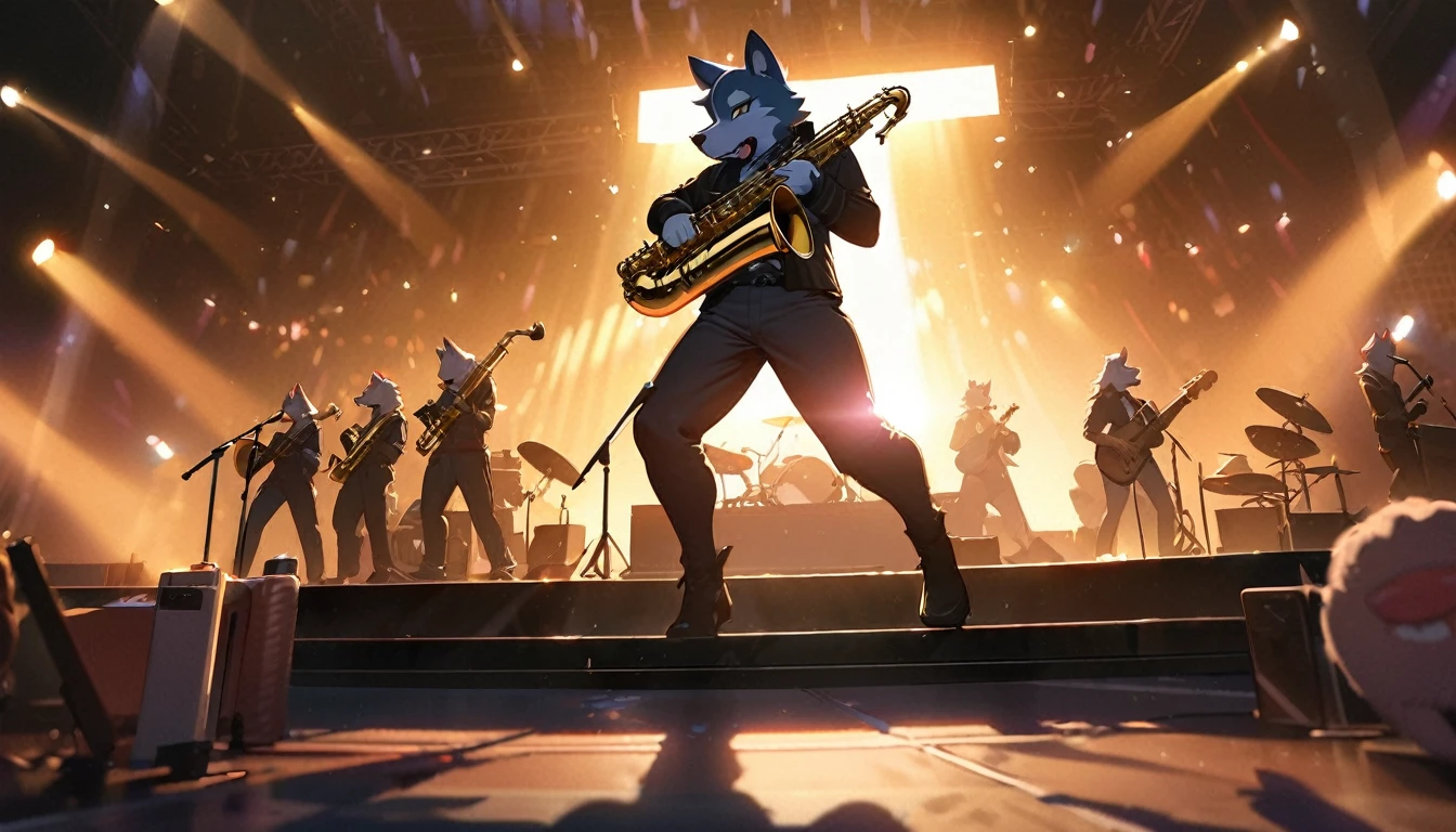 top quality, best quality, High-quality illustrations, masterpiece, super high resolution, detailed background, Rock Band Concerts, Musical instrument performance, Stage Performance, hot air, absurdres, perfect anatomy, good lighting, cinematic shadow(kemono, furry anthro)(sound effects, motion blur), saxophone, playing saxophone,
