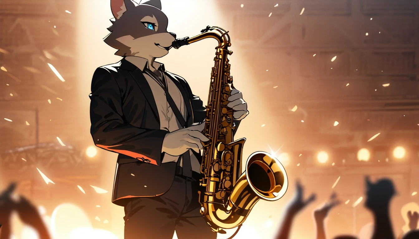 top quality, best quality, High-quality illustrations, masterpiece, super high resolution, detailed background, Rock Band Concerts, Musical instrument performance, Stage Performance, hot air, absurdres, perfect anatomy, good lighting, cinematic shadow(kemono, furry anthro)(sound effects, motion blur), saxophone, playing saxophone,