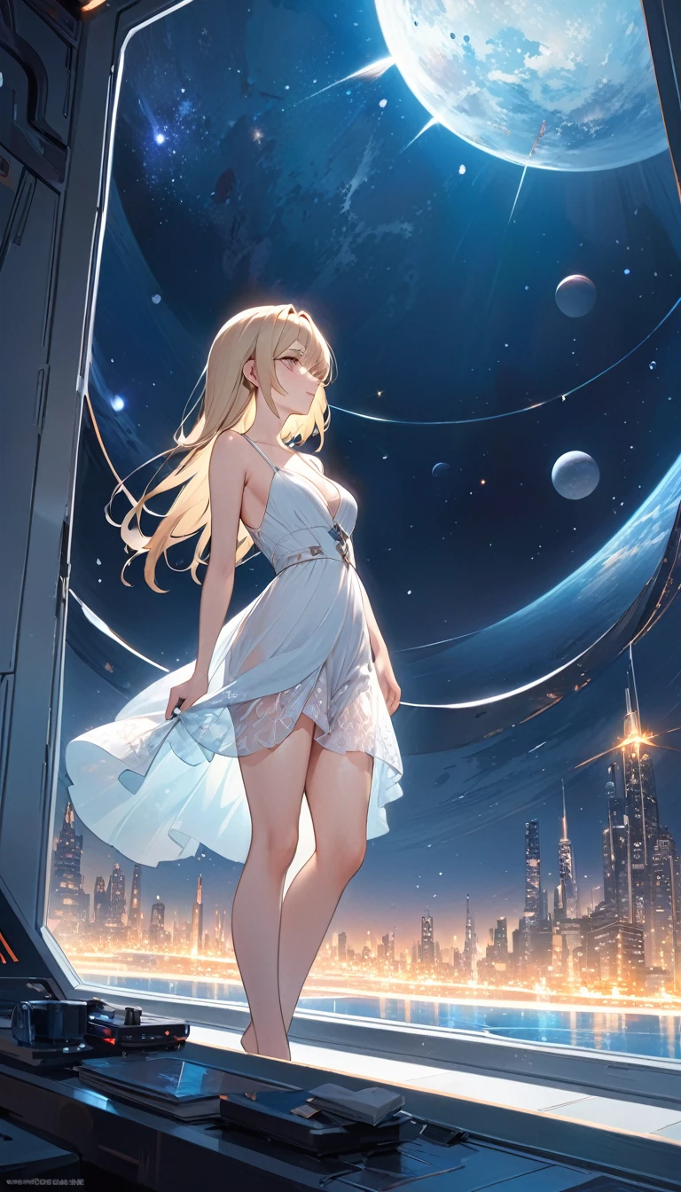 sexy girl, transparent embroidered nightgown, blonde, standing in front of the window, eroticism, perfect ass, large window, night, ((large futuristic landscape:1.5)), large library in the room, large amount of details (inspired by art by Bill Sienkiewicz). oil painting)

