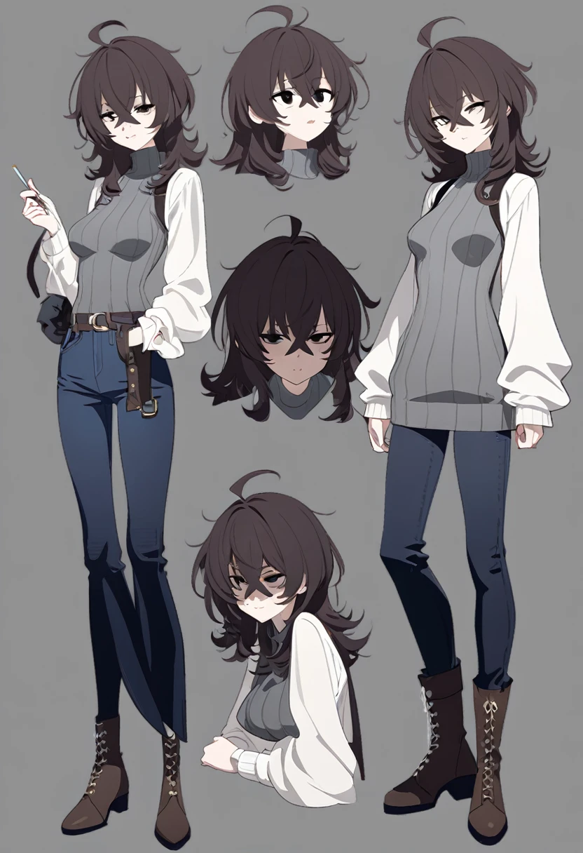 One Woman,Downer,older sister,Concept Art,Dark brown hair,Straight hair with slight inward curls,Staring eyes,Eye Ridge,black eye,Crossed bangs,whole body,smile,Slightly larger breasts,Gray background,Bangs that reach down to the eyes,Messy hair,Tight dark jeans,Gray turtleneck sweater,Multiple views of the same character,Character Design,Dark circles under the eyes,Bad look,Listless,Sloppy,Silver Jewelry,Cafe staff,Holding a cigarette,whole bodyCharacter Design,Detailed hands,Height: 170cm,boots,fleshy,