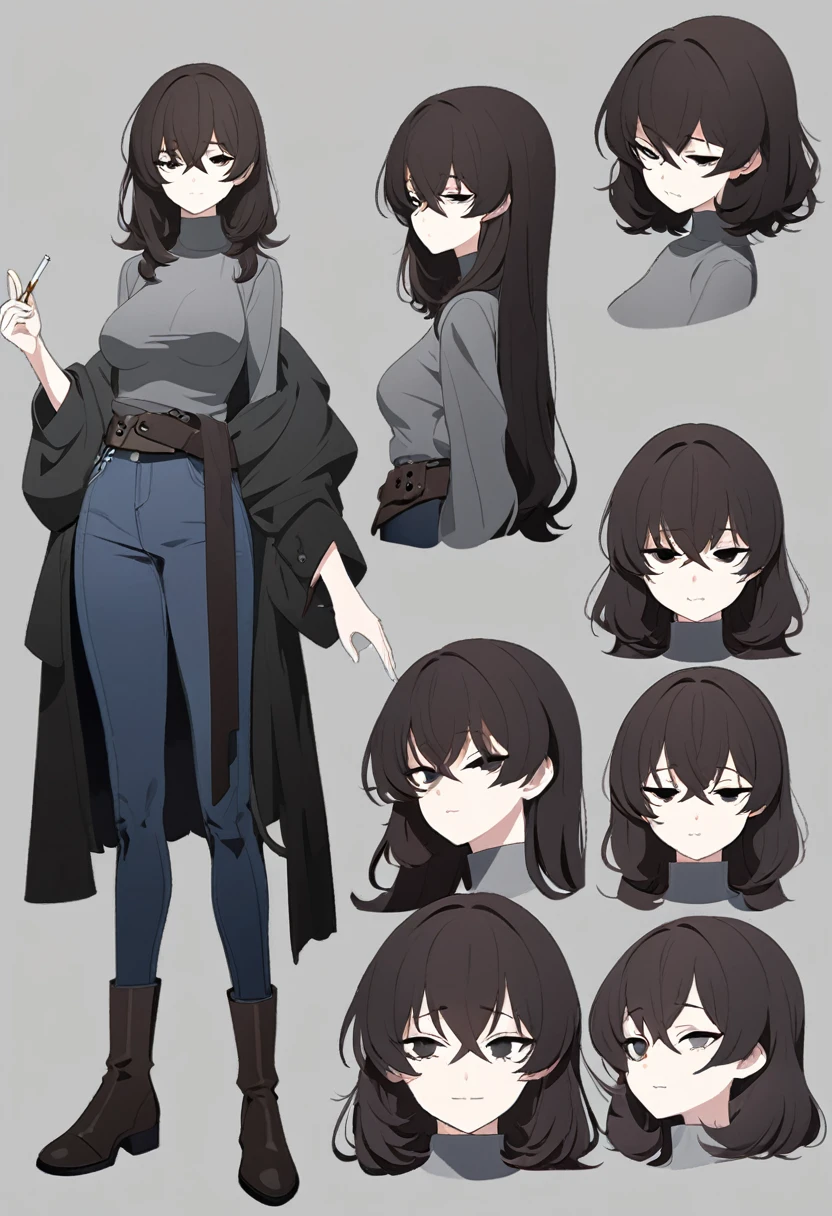 One Woman,Downer,older sister,Concept Art,Dark brown hair,Straight hair with slight inward curls,Staring eyes,Eye Ridge,black eye,Crossed bangs,whole body,smile,Slightly larger breasts,Gray background,Bangs that reach down to the eyes,Messy hair,Tight dark jeans,Gray turtleneck sweater,Multiple views of the same character,Character Design,Dark circles under the eyes,Bad look,Listless,Sloppy,Silver Jewelry,Cafe staff,Holding a cigarette,whole bodyCharacter Design,Detailed hands,Height: 170cm,boots,fleshy,