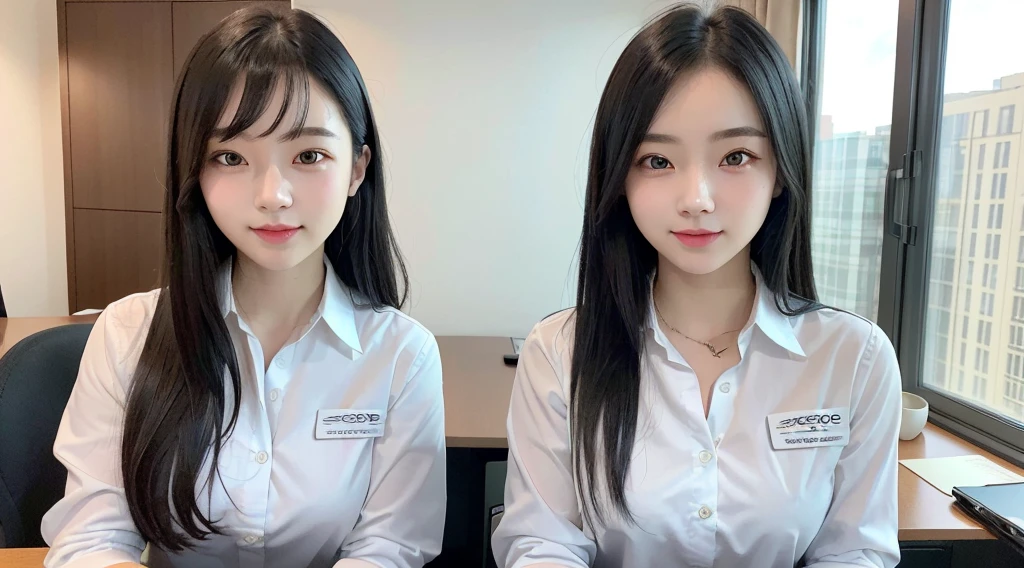 1 girl、Female, around 24 years old、clothing(Dress shirt、Best）、Black-haired、picture、Lifelike、Highest quality、adopt、Detailed face、office、desk、Detailed Background、Diffused sunlight、Depth of written boundary、solo