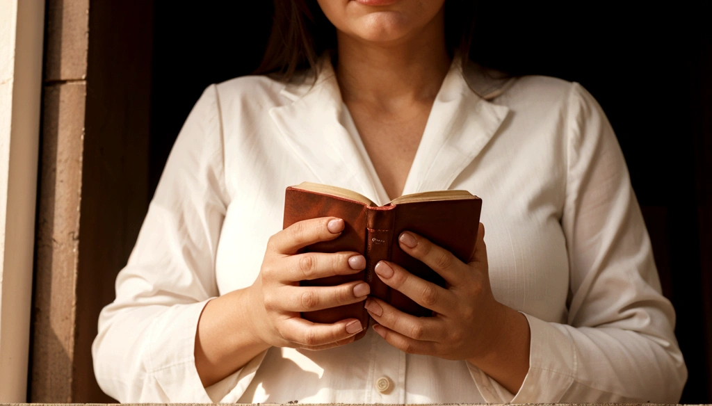 a woman praying with her hands crossed, em frente a uma vela, e uma biblia a frente