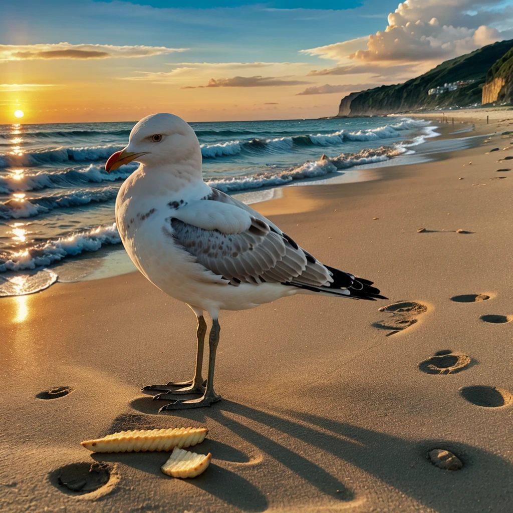 seagull,french fries,beach,sunset,ocean waves,sand,seascape,cloudsky,beautiful detailed eyes,beautiful detailed beak,detailed feathers,realistic,photorealistic,photo-realistic:1.37,best quality,4k,8k,highres,masterpiece:1.2,ultra-detailed,realistic lighting,cinematic,warm color tone,dramatic lighting,vibrant colors