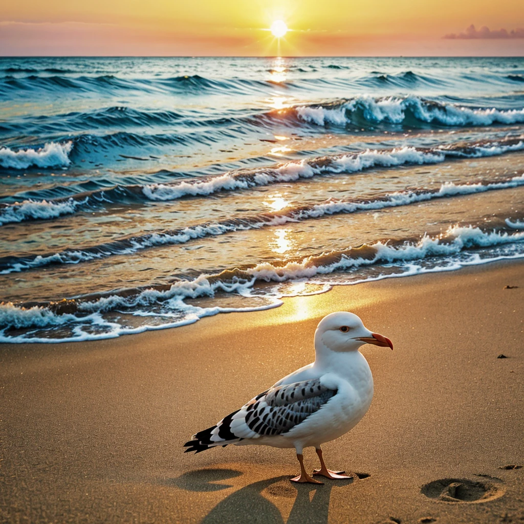 seagull,french fries,beach,sunset,ocean waves,sand,seascape,cloudsky,beautiful detailed eyes,beautiful detailed beak,detailed feathers,realistic,photorealistic,photo-realistic:1.37,best quality,4k,8k,highres,masterpiece:1.2,ultra-detailed,realistic lighting,cinematic,warm color tone,dramatic lighting,vibrant colors