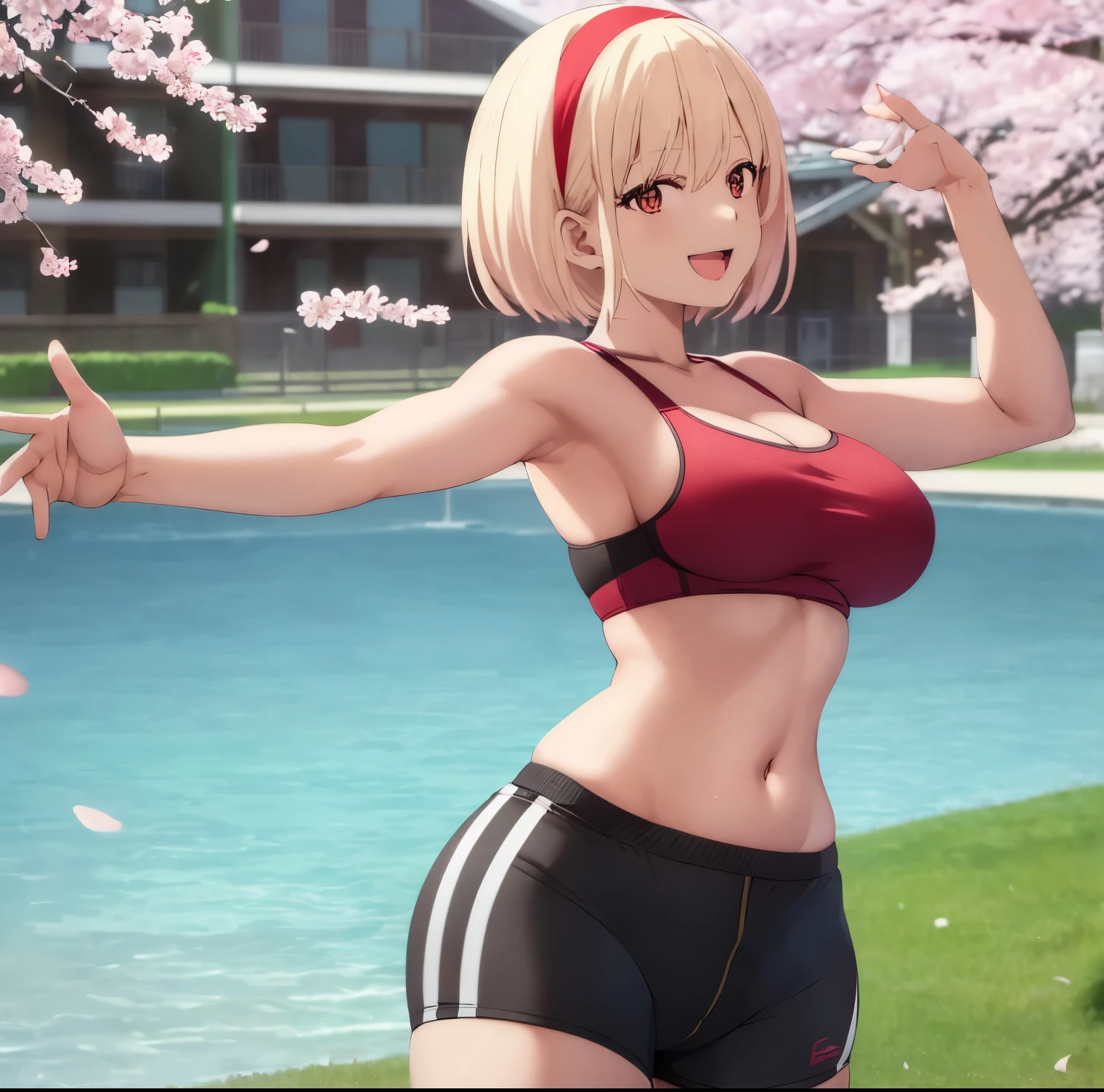 1girl,alone,chisato nishikigi,masterpiece,best quality,high resolution,looking at viewer,detailed,detailed eyes,short hair,dull blonde hair,headband,large breasts,medium waist,wide hips,wide thighs,body curvy, dynamic pose, bare shoulders, sportswear, sports bra, sports shorts, black shorts, crop top, red shirt, zipper, abdomen, red buruma, thighs, smile, open mouth, position, arms behind the back, looking towards back, from behind, focus on ass, pov(from below), standing outdoors, cherry blossoms,