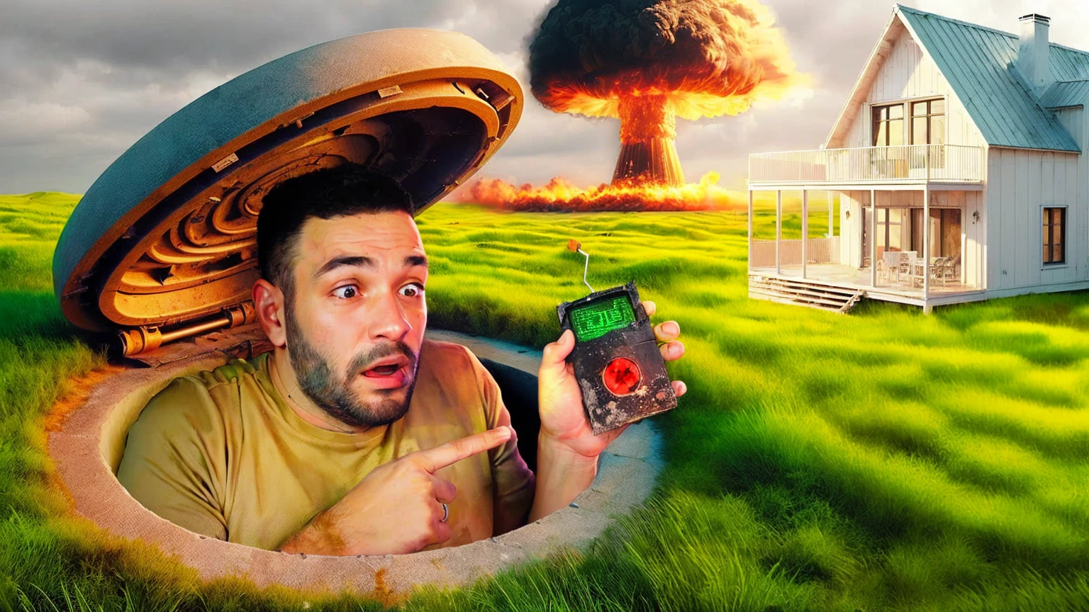 Man hiding in a bunker with detonator in his hand, cenario de grama verde com casa, Nuclear explosion