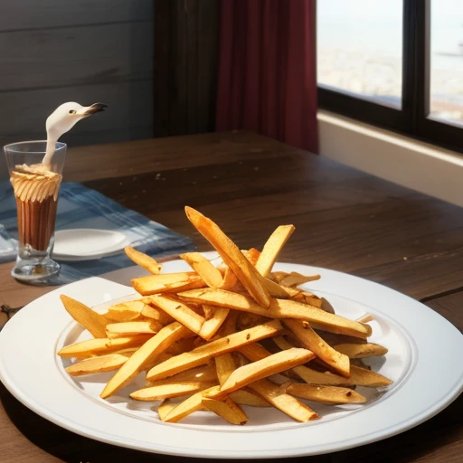 1 seagull eating a plate of French fries, obra maestra, la mejor calidad