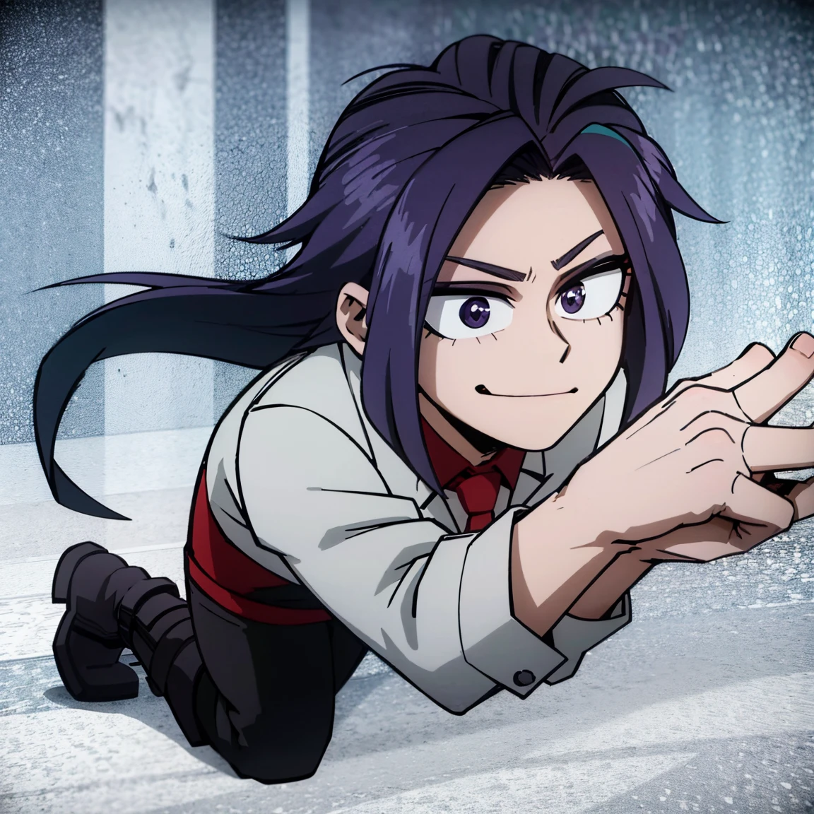 1boy, male focus, boku no hero academia, masterpiece, best quality, very aesthetic, absurdres, messy hair, purple hair, lavender eyes, smirk, gray jacket, red tie, white shirt, teal pants, boots
