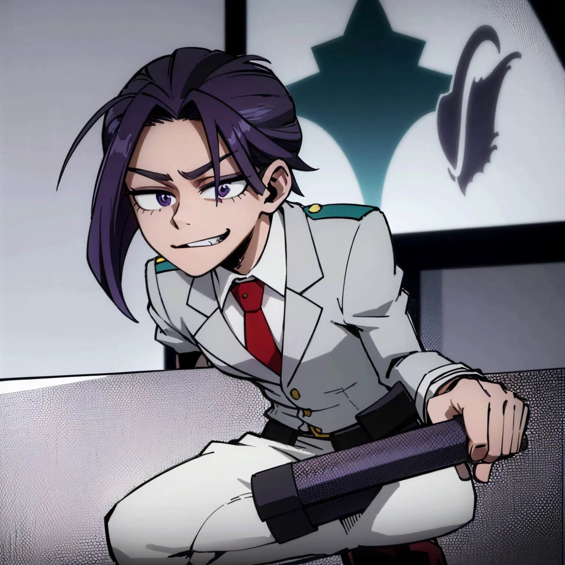 1boy, male focus, boku no hero academia, masterpiece, best quality, very aesthetic, absurdres, messy hair, purple hair, lavender eyes, smirk, gray jacket, red tie, white shirt, teal pants, boots 