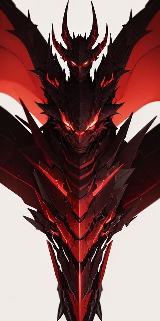 A black and red dragon with 4 horns on its head, spreading its wings, looking formidable and fierce.