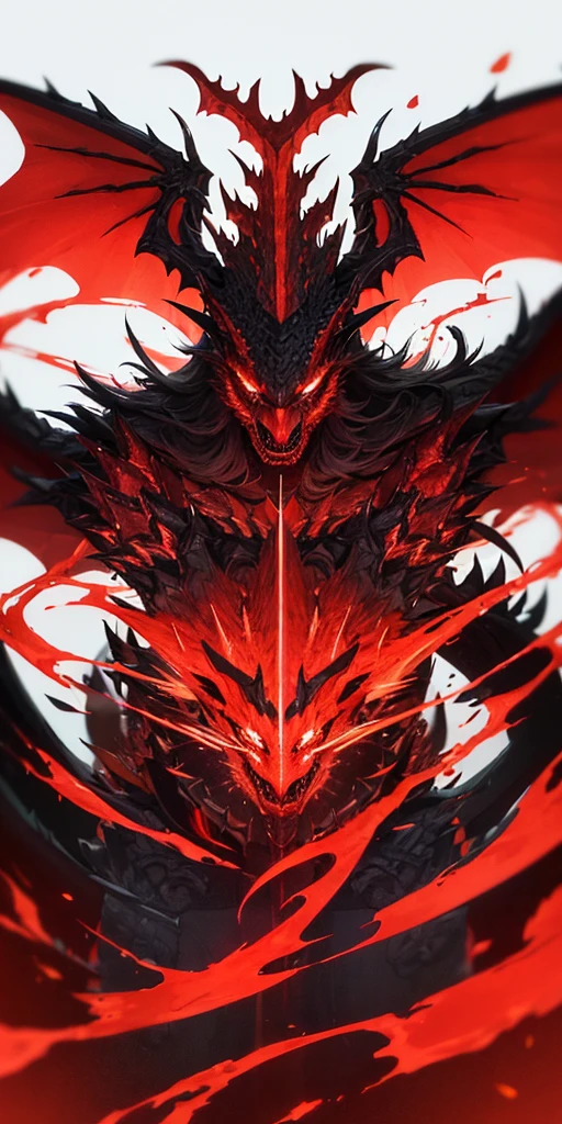 A black and red dragon with 4 horns on its head, spreading its wings, looking formidable and fierce.