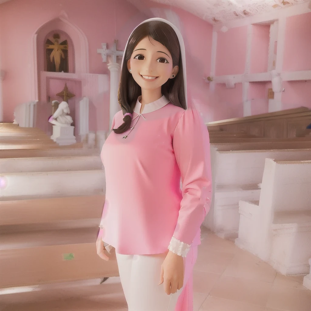 Araffe woman smiling standing in a church with pink shirt and white pants, igreja vazia, statues of saints around