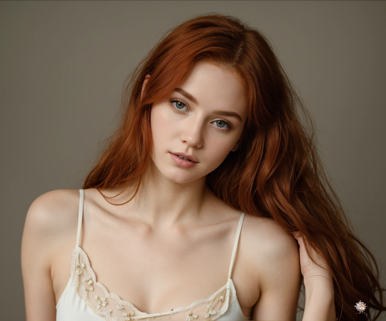 (((Masterpiece))), 25-year-old Caucasian French girl with shoulder-length messy red hair, adorned with , blooming hair akin to a royal . Captured in the best quality, this illustration serves as a 4K wallpaper, black top, black leggings,