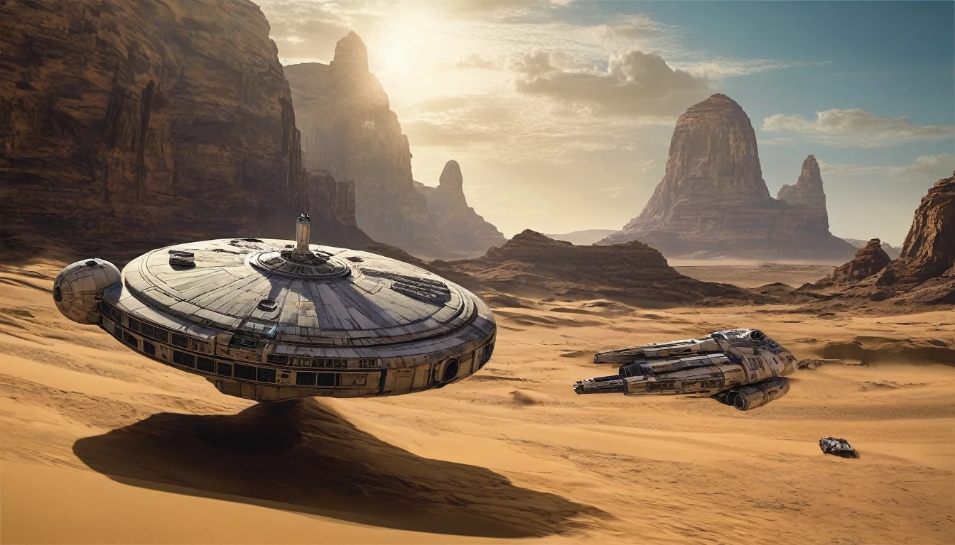 “In a desert landscape beneath a vast sky, towering rock formations rise. The iconic Star Wars Millennium Falcon flies overhead. In the foreground, a large, futuristic bus-like vehicle is parked on the sandy terrain. Saturn-like rings adorn the sky, adding a surreal touch. Include the ‘Star Wars,Camera angle: The camera is positioned at a slightly upward angle, capturing the grandeur of the rock formations and the vastness of the sky. Lighting: The sun is setting, creating warm, golden light that bathes the landscape. Shadows cast by the rocks are elongated. Millennium Falcon details: The Millennium Falcon is flying toward the horizon, with its rear thrusters emitting a characteristic blue glow. Details like laser cannons and the ship’s panels should be visible. Futuristic vehicle: The vehicle parked in the foreground has large windows and an aerodynamic design. It may have retractable wheels or float slightly above the ground. Saturn-like rings: The translucent rings resembling those of Saturn extend across the sky, creating a magical effect. Sand texture: The desert sand has a granulated texture, with small dunes formed by the wind.hyper realistic composition,32k resolution,cinematic composition,cinematic color grading.photography whit Phaseone 35mm,death of field lens.