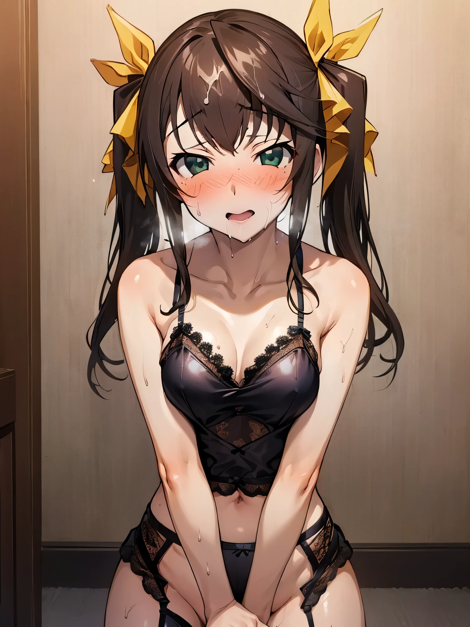 NSFW,(One girl:1.5),Arfan、Long Hair、Twin tails、Hair Ribbon、Small breasts、(sexy lace lingerie:1.5),(Perfect hands),(Perfect Anatomy),(masterpiece),(Highest quality),(Ecstasy face:1.5),Embarrassed,blush,Love Hotel at Night