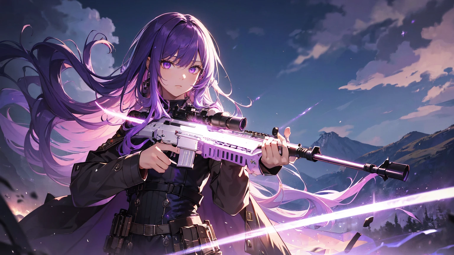 (highres, realistic, 4k, ultra-detailed, masterpiece:1.2), glowing purple eyes, purple hair, long hair, cowboy shot (no hat:1.3), military dress, sniper rifle, Hekart, ethereal aura, flowing dress, mystical background, dramatic lighting, fierce expression, magical atmosphere, vivid colors, dynamic pose, enchanting beauty