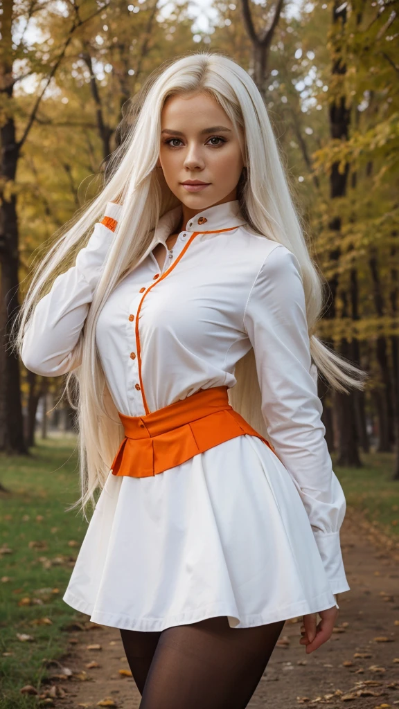 1girl, masterpiece, best quality, highquality, OLGA_MARIE, WHITE_HAIR, ORANGE_EYES, LONG HAIR, hair between eyes, long sleeves, jacket, red ascot, dress, skirt, pantyhose, very long hair, cowboy shot, 