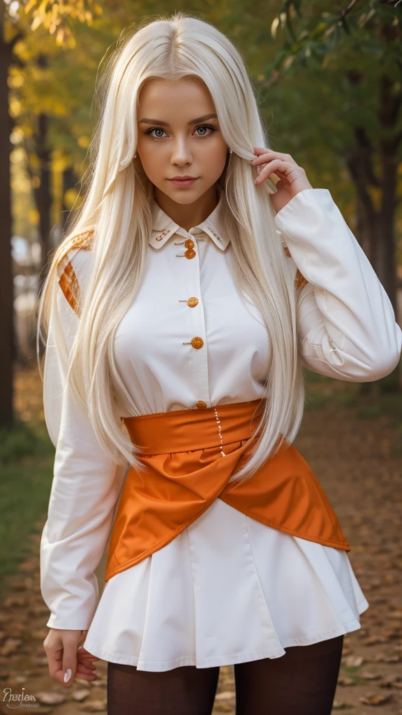 1girl, masterpiece, best quality, highquality, OLGA_MARIE, WHITE_HAIR, ORANGE_EYES, LONG HAIR, hair between eyes, long sleeves, jacket, red ascot, dress, skirt, pantyhose, very long hair, cowboy shot,