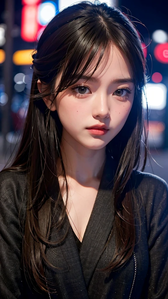 1girl, Tokyo street,night, cityscape,city lights, upper body,close-up, 8k, RAW photo, best quality, masterpiece,realistic, photo-realistic,