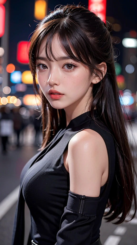 1girl, Tokyo street,night, cityscape,city lights, upper body,close-up, 8k, RAW photo, best quality, masterpiece,realistic, photo-realistic,