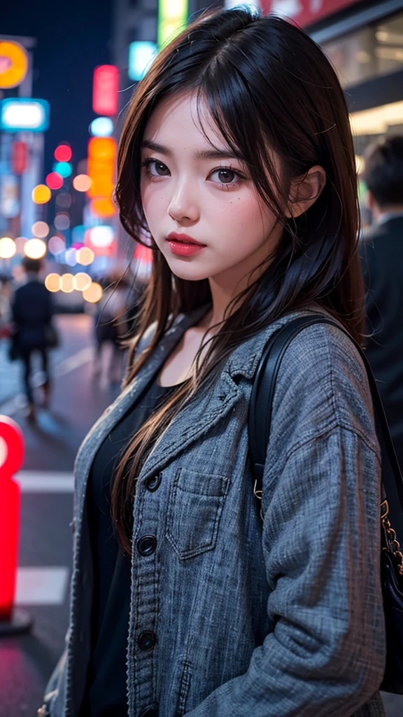 1girl, Tokyo street,night, cityscape,city lights, upper body,close-up, 8k, RAW photo, best quality, masterpiece,realistic, photo-realistic,