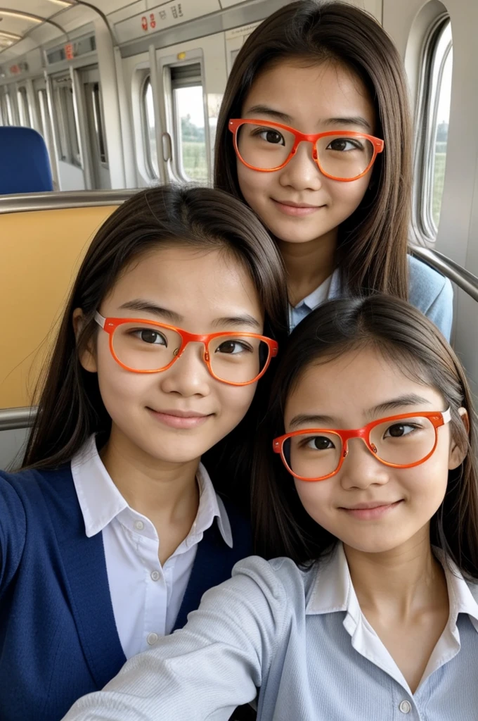 Selfie de 2 filles asiatique de 13 ans portant des lunettes de soleil en train de faire des grimaces