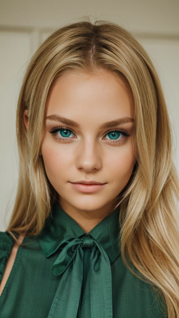 An incredibly amazing girl, blonde, beautifully dressed, with green eyes. 