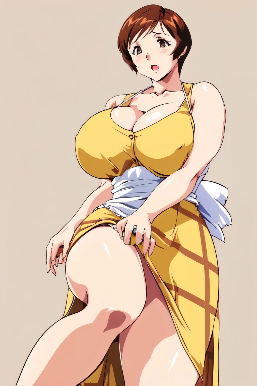 masterpiece, highest quality, High resolution, One girl, alone, sexual intercourse, Pornographic images, short hair, etsukoto, Brown eyes, fine grain, fine grain, (((Thick thighs, Plump thighs, Voluptuous thighs, Thighs alone are enough))), Huge and ample breasts, Cleavage, Huge long breasts, Naughty big,((Big breasts are important))、((Naughty thighs)), L Cup, (thin:1.4),(Tight waist:1.4), (Yellow Dress:1.4), ((white waist apron)), White panties, anguish, :o, blush, (((Simple Background))), ((Wide Hips)), Shiny, Oily skin, Mature mother, Calf, Seductive mature woman, Perfect body, Plus Size Model, curvy, ample, etsukoto, blush, clavicle, retro artstyle, 1990s (style), standing on one leg, open legs, bare legs, showing leg, from below, looking down, looking at viewer, (nsfw),