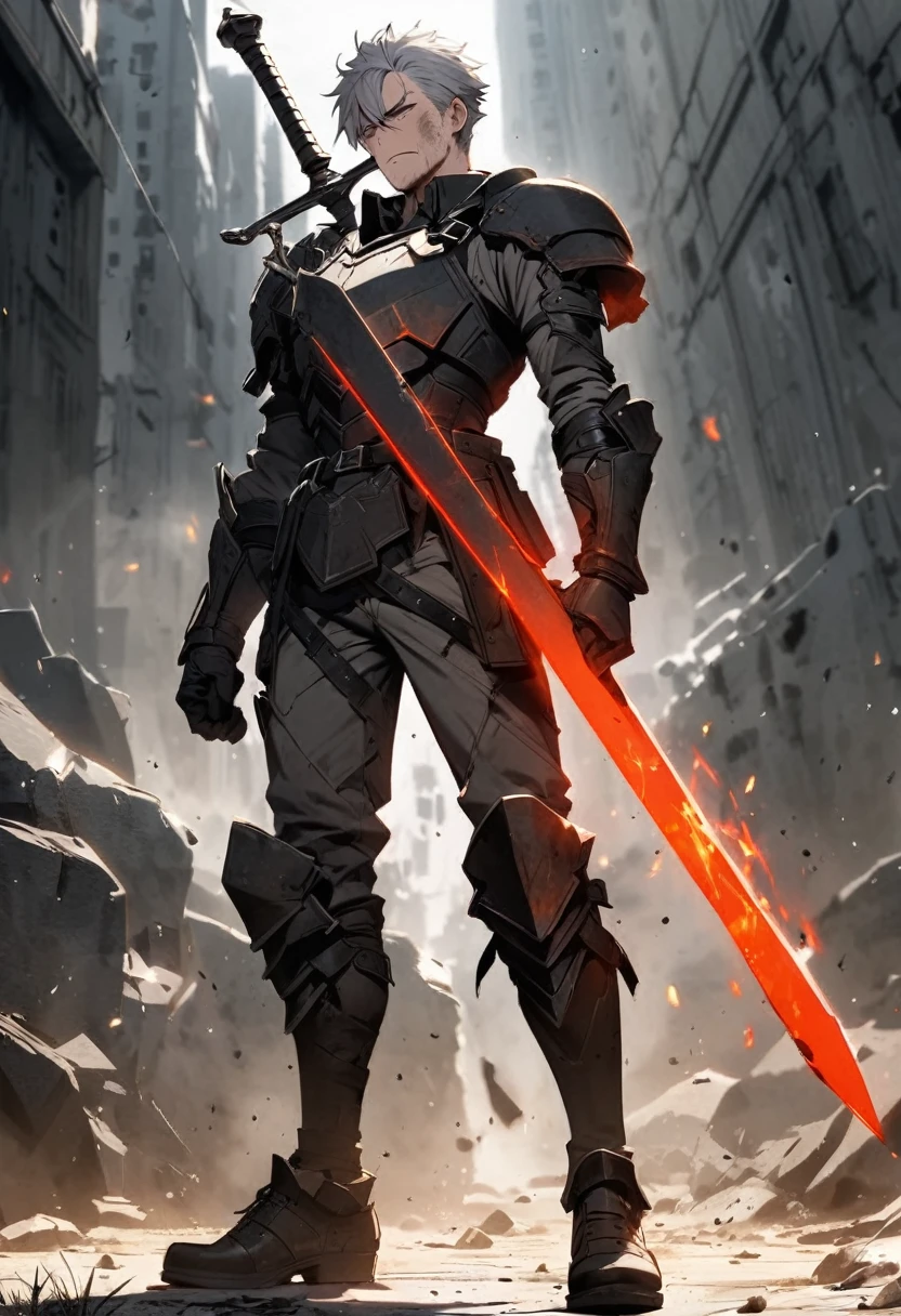Grey haired man 28 years old Holding a long sword Dirty old-fashioned black full body armor is broken