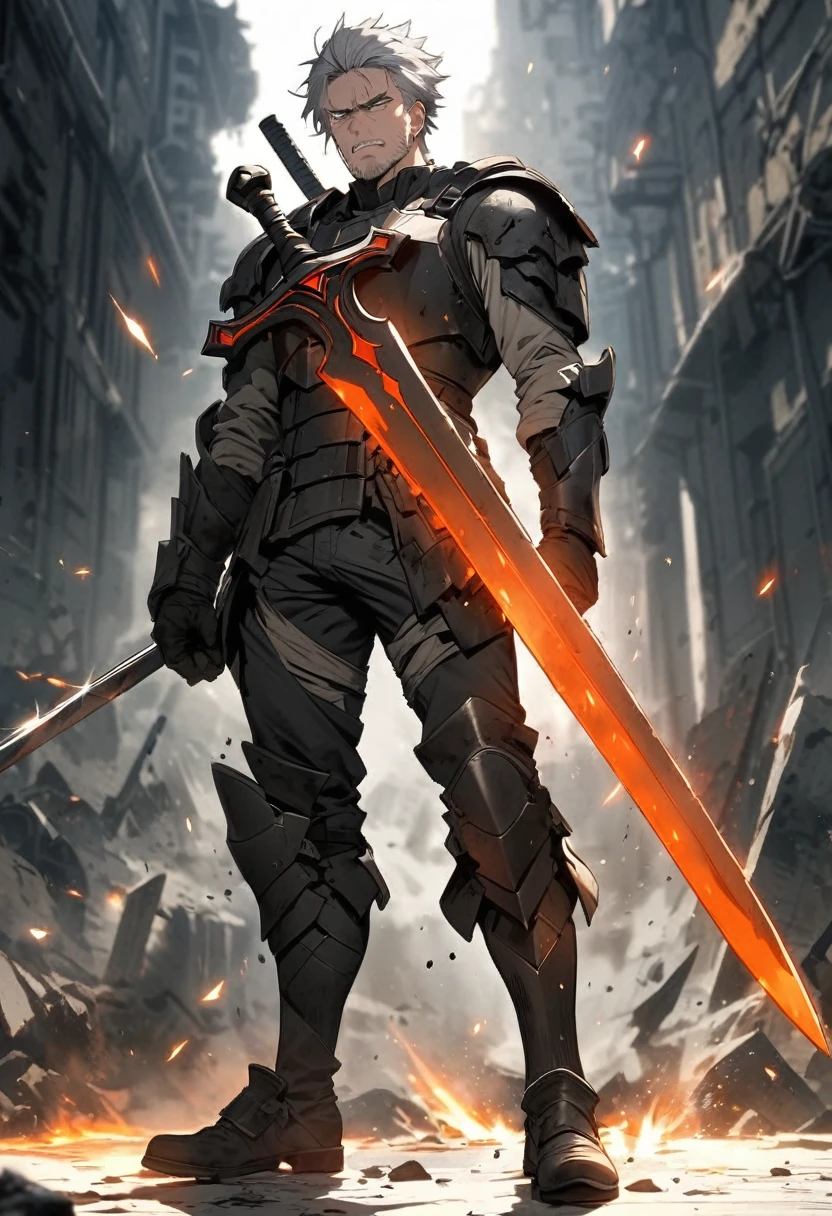 Grey haired man 28 years old Holding a long sword Dirty old-fashioned black full body armor is broken