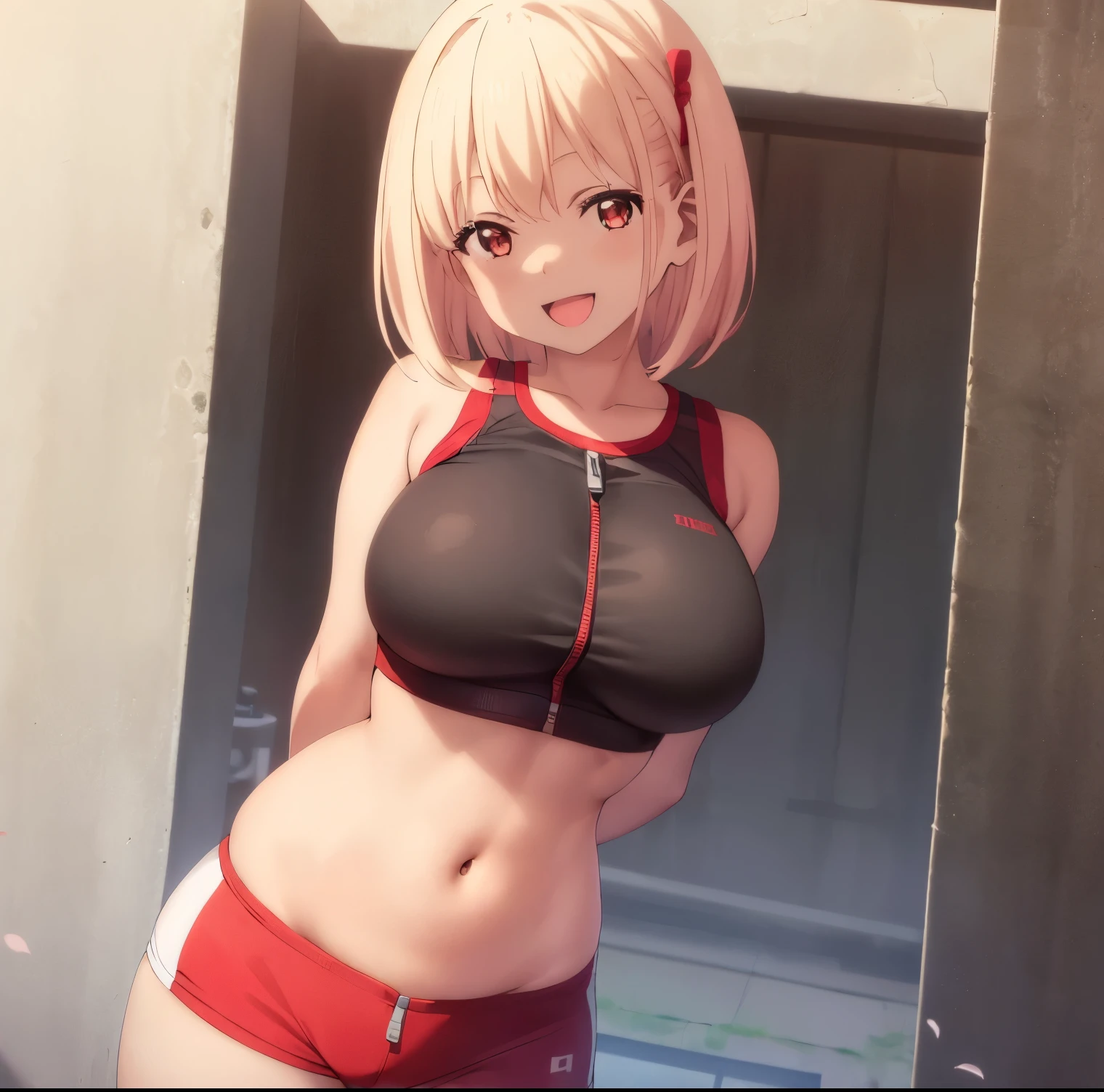 1girl,alone,chisato nishikigi,masterpiece,best quality,high resolution,looking at viewer,detailed,detailed eyes,short hair,dull blonde hair,headband,large breasts,medium waist,wide hips,wide thighs,body curvy, dynamic pose, bare shoulders, sportswear, sports bra, sports shorts, black shorts, crop top, red shirt, zipper, abdomen, red buruma, thighs, smile, open mouth, position, arms behind the back, facing the front , focus on breasts ,pov(from above),standing outdoors, cherry blossoms,