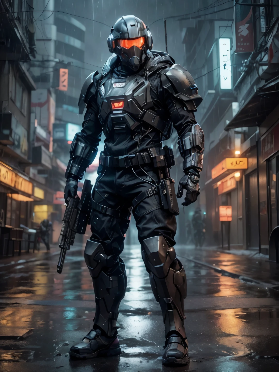 Time: Night a desolate cityscape lit by flickering neon signs and the harsh glare of searchlights cutting through the downpour.A Cyberpunk soldier: Wears a heavily armored combat suit with glowing technological elements integrated throughout. Weathered and battle-scarred, their face partially obscured by a helmet visor (or other cyberpunk facewear) reflecting the city lights and rain. A high-tech weapon (be specific, e.g., a glowing plasma rifle, a cybernetically enhanced arm cannon). The soldier grips the weapon tightly, knuckles white, exuding a sense of tension and alertness.The soldier stands in a powerful and defensive stance, legs braced against the wind and rain. Their gaze is fixed on something out of frame, conveying a sense of danger and determination.The overall mood should be gritty, dark, and atmospheric. The rain and harsh lighting should create a sense of urgency and desolation.steam rising from grates or puddles to enhance the rainy atmosphere