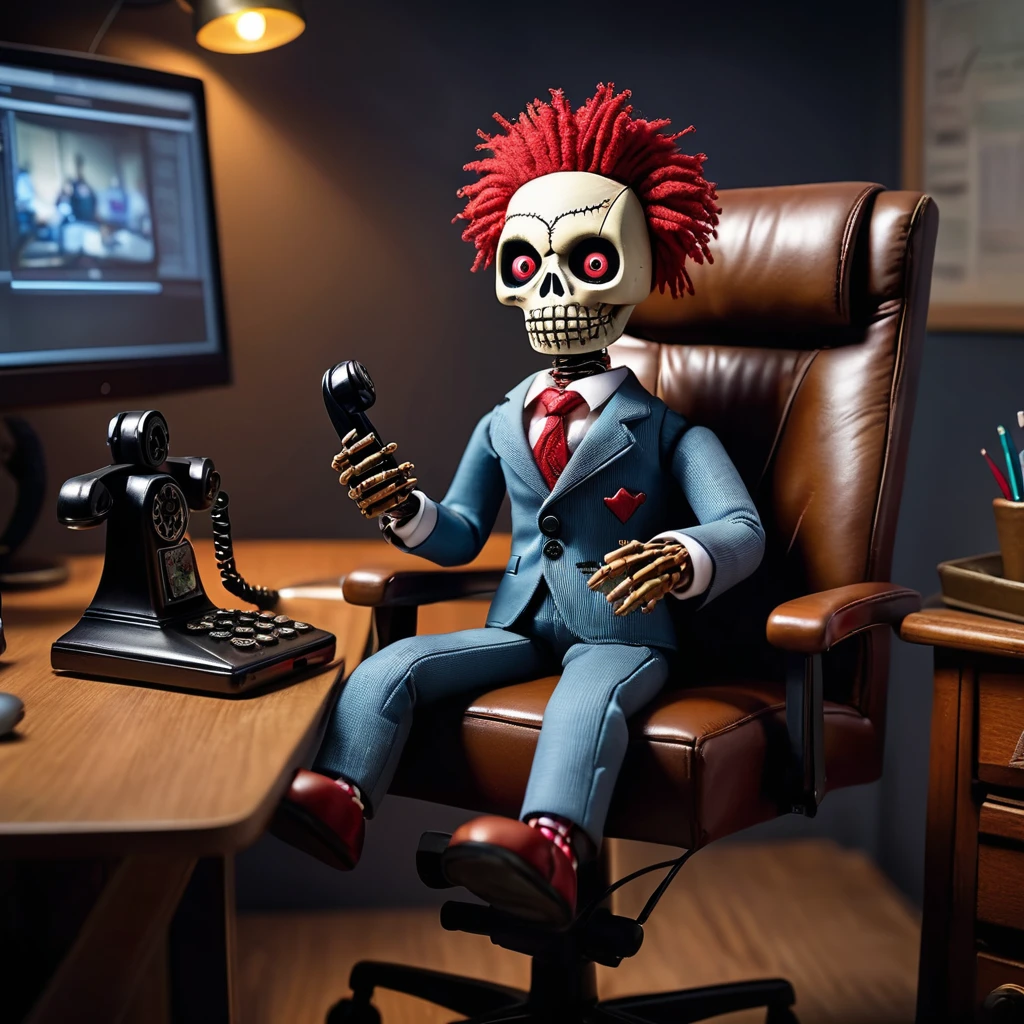 (knitted toy voodoo doll:1.0), sitting in a computer chair, (Voodoo speaks on an old phone:1.9), in business clothes, in the background a gloomy office, best quality, masterpiece, detailed soft oil painting, detailed background, dramatic cinematic lighting, soft edge lighting, professional, dramatic lighting, hard edge lighting, ultra quality, 4k, masterpiece, best quality, 8k, ultra high definition, high resolution, extremely detailed