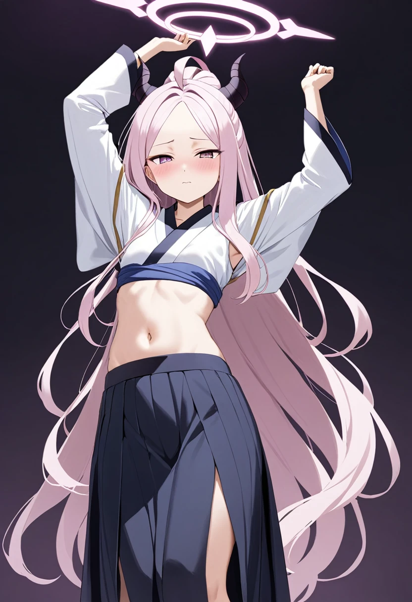 Hina/Blue archive, two arm above head,navel showing, midriff,two arm pit,stand up, beautiful navel,standing,shy face,blush,midriff, long hair,navel showing,kimono,long skirt,long sleeve,,